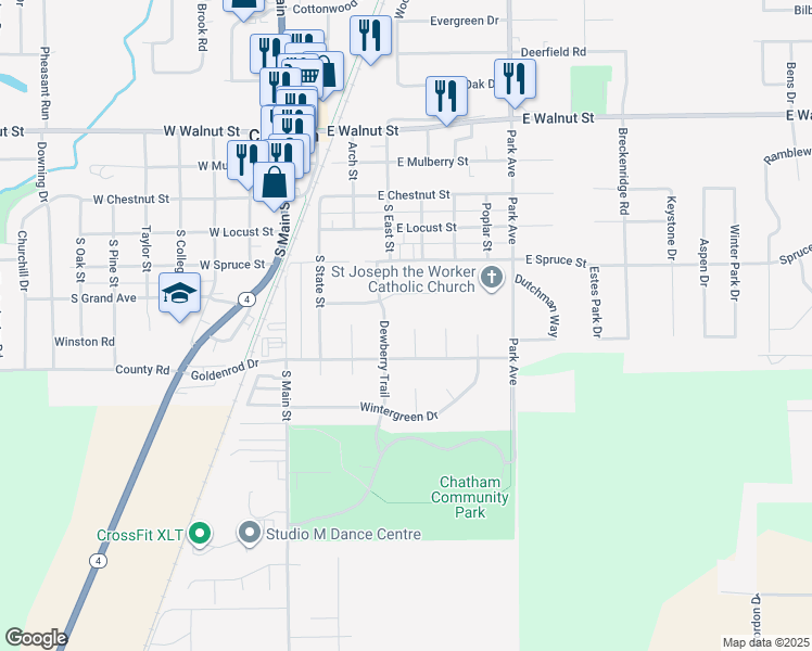 map of restaurants, bars, coffee shops, grocery stores, and more near 405 Dalhlia Drive in Chatham