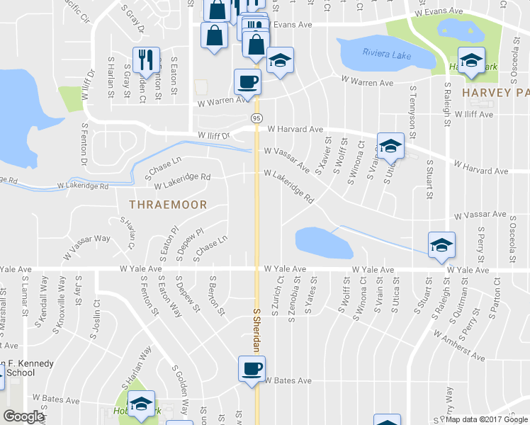 map of restaurants, bars, coffee shops, grocery stores, and more near 2646 South Sheridan Boulevard in Denver