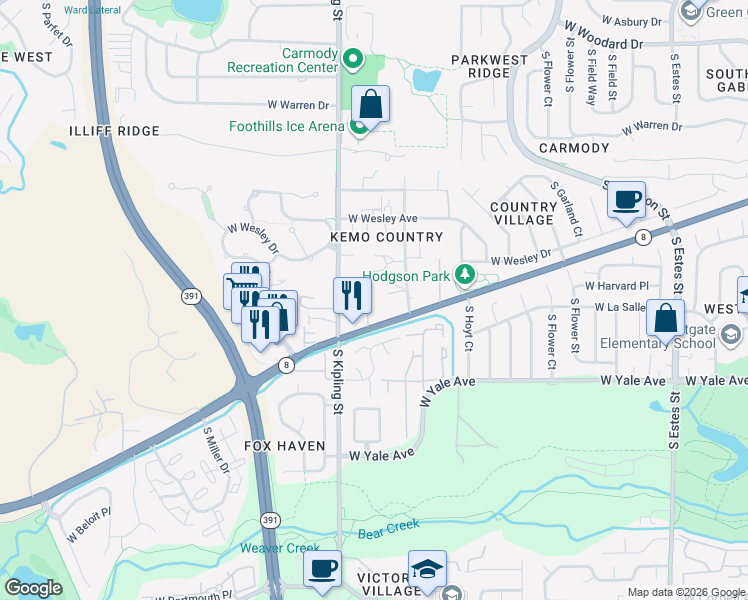 map of restaurants, bars, coffee shops, grocery stores, and more near 9875 Morrison Road in Lakewood