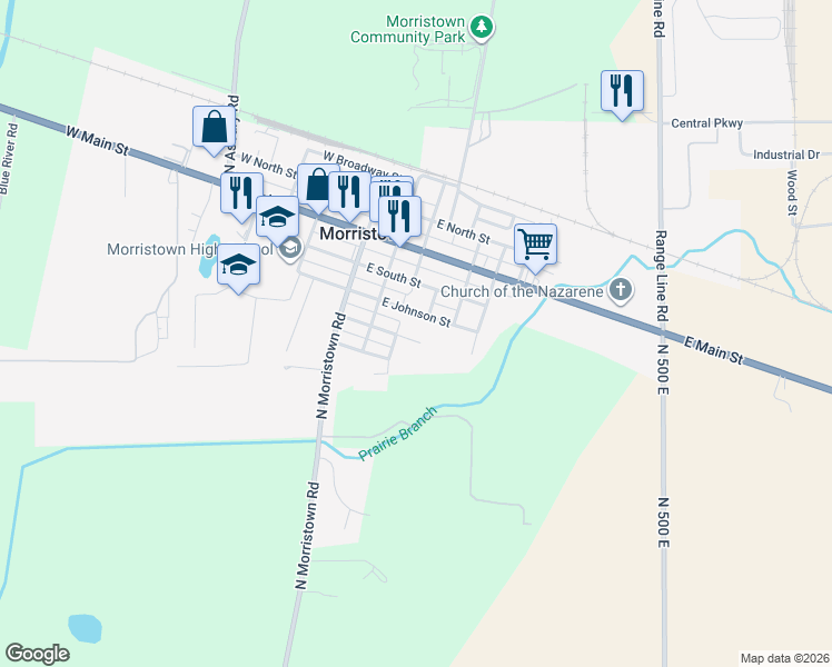map of restaurants, bars, coffee shops, grocery stores, and more near 320 East Fletcher Street in Morristown