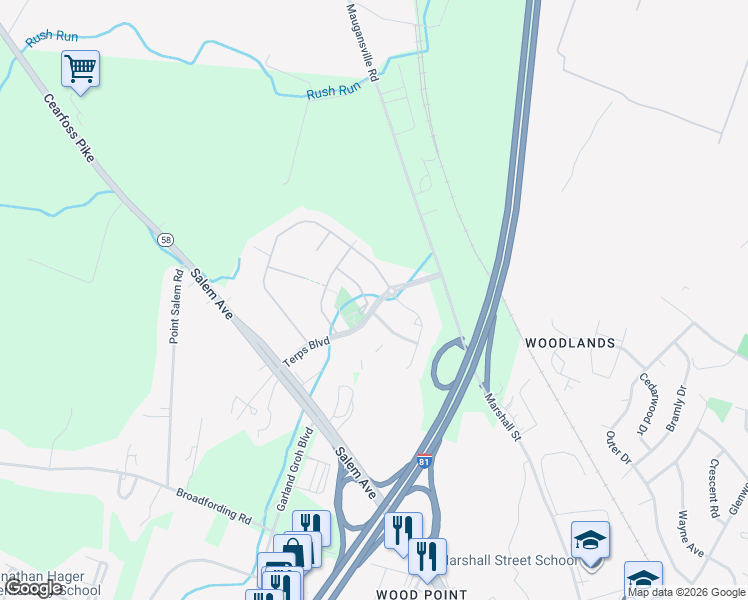 map of restaurants, bars, coffee shops, grocery stores, and more near 18254 Hurricane Court in Hagerstown