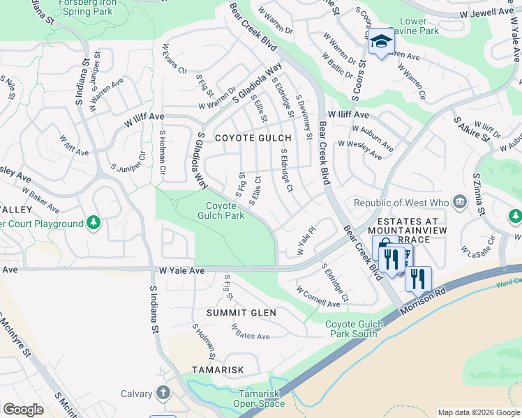 map of restaurants, bars, coffee shops, grocery stores, and more near 2431 South Fig Court in Lakewood