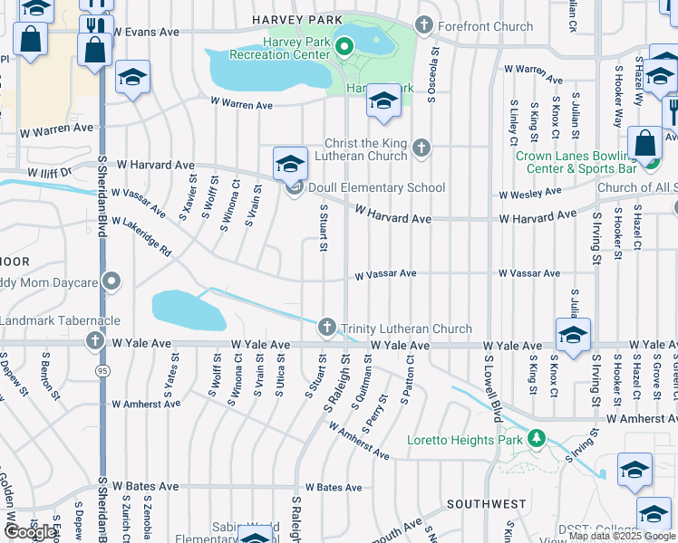 map of restaurants, bars, coffee shops, grocery stores, and more near 2591 South Raleigh Street in Denver