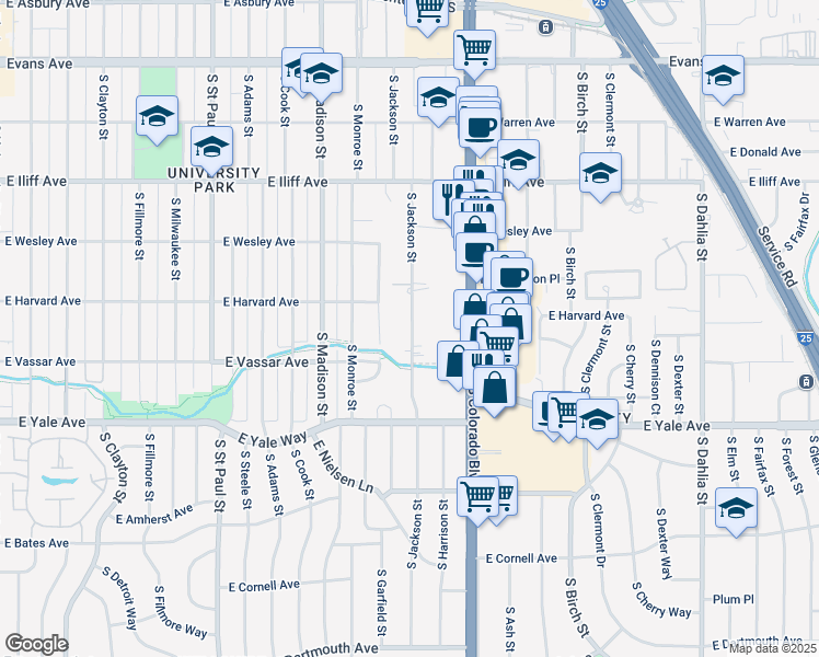 map of restaurants, bars, coffee shops, grocery stores, and more near 2544 South Jackson Street in Denver