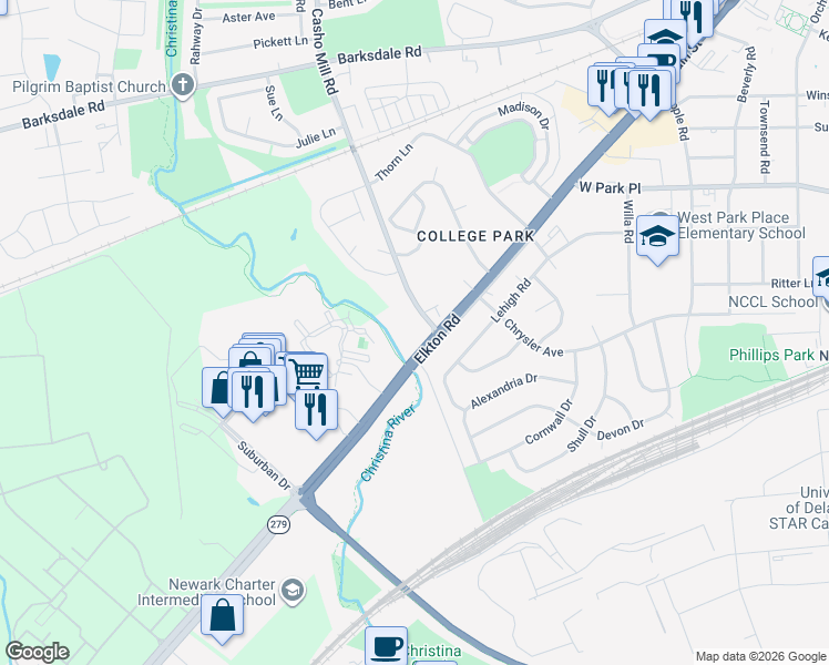 map of restaurants, bars, coffee shops, grocery stores, and more near 1501 Casho Mill Road in Newark