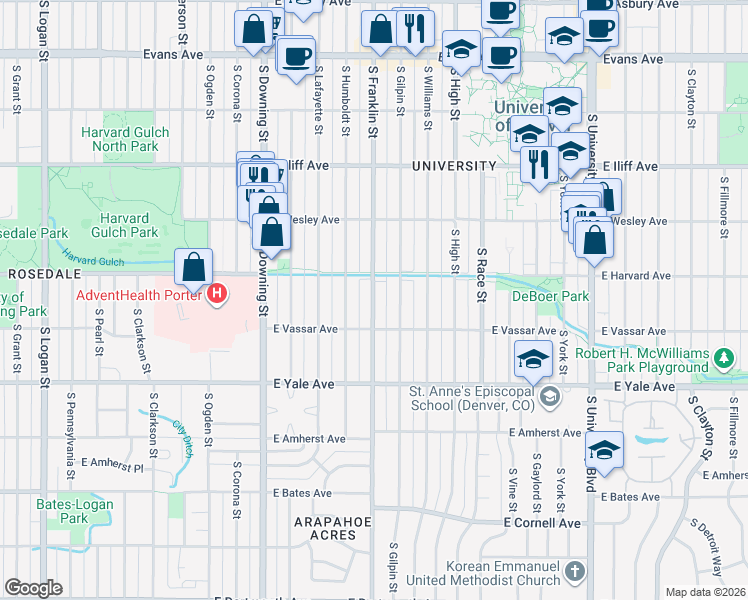 map of restaurants, bars, coffee shops, grocery stores, and more near 2540 South Franklin Street in Denver