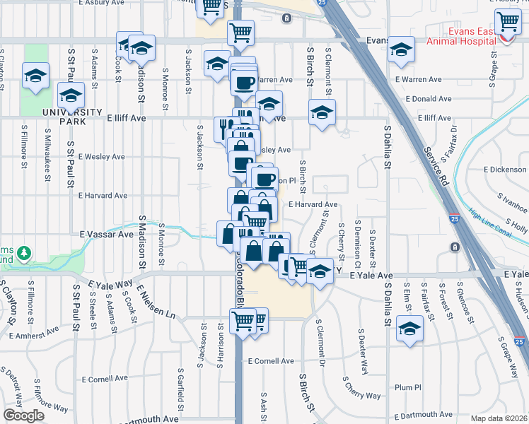 map of restaurants, bars, coffee shops, grocery stores, and more near 2505 South Bellaire Street in Denver