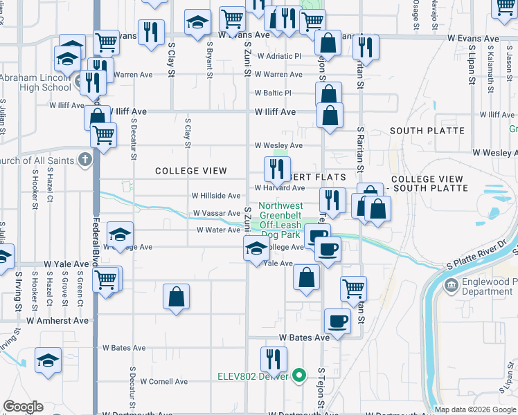 map of restaurants, bars, coffee shops, grocery stores, and more near 2334 West Hillside Avenue in Englewood