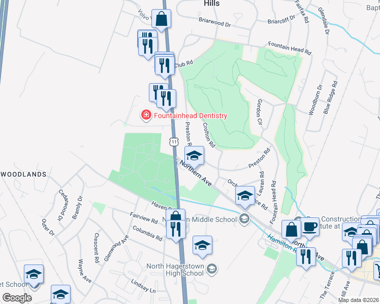 map of restaurants, bars, coffee shops, grocery stores, and more near 18827 Preston Rd in Hagerstown