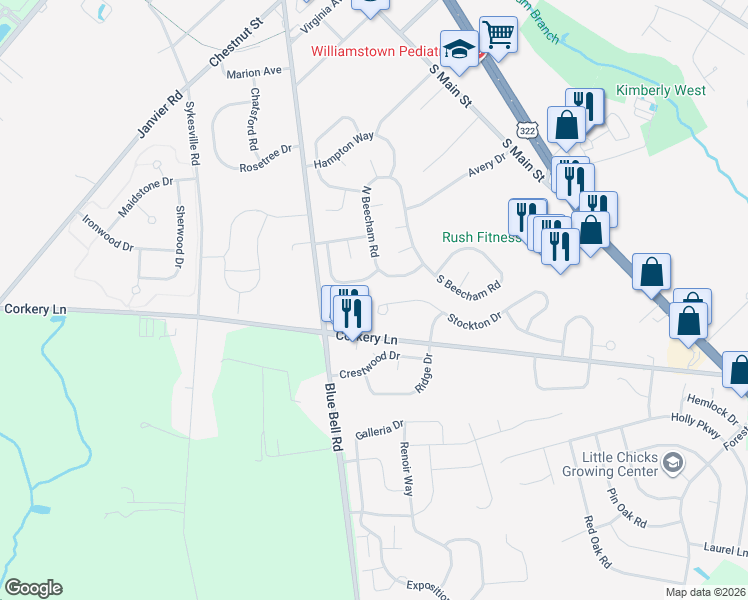 map of restaurants, bars, coffee shops, grocery stores, and more near 625 Stockton Drive in Monroe