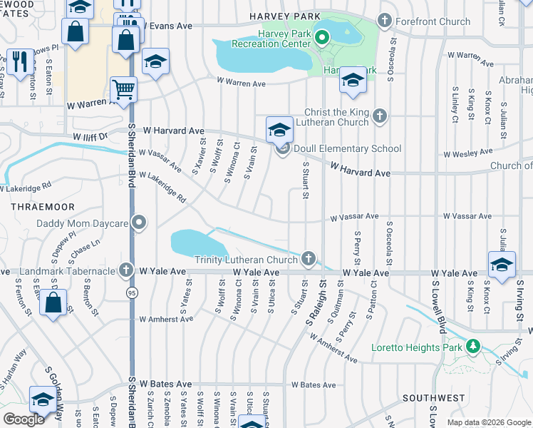 map of restaurants, bars, coffee shops, grocery stores, and more near 2597 South Uno Way in Denver