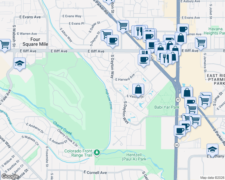 map of restaurants, bars, coffee shops, grocery stores, and more near in Denver