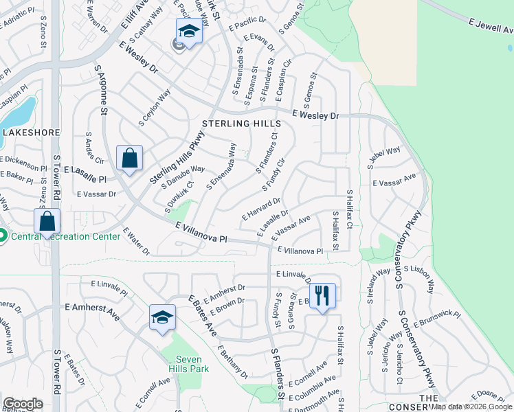 map of restaurants, bars, coffee shops, grocery stores, and more near 19691 East Harvard Drive in Aurora