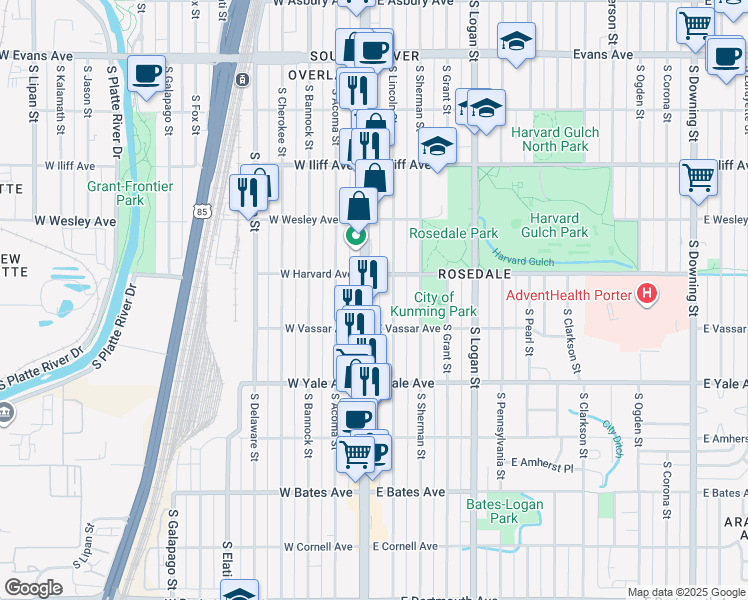 map of restaurants, bars, coffee shops, grocery stores, and more near 2543 South Lincoln Street in Denver