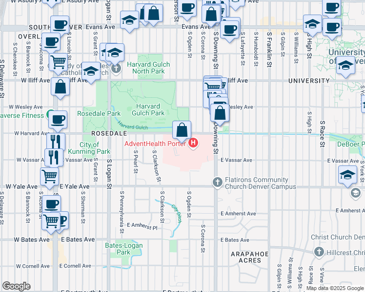 map of restaurants, bars, coffee shops, grocery stores, and more near 950 East Harvard Avenue in Denver