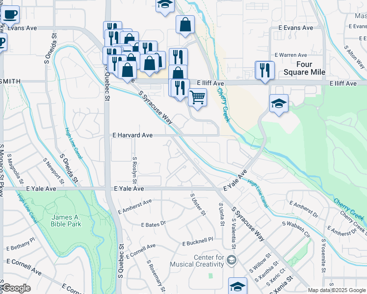 map of restaurants, bars, coffee shops, grocery stores, and more near 2550 South Syracuse Way in Denver