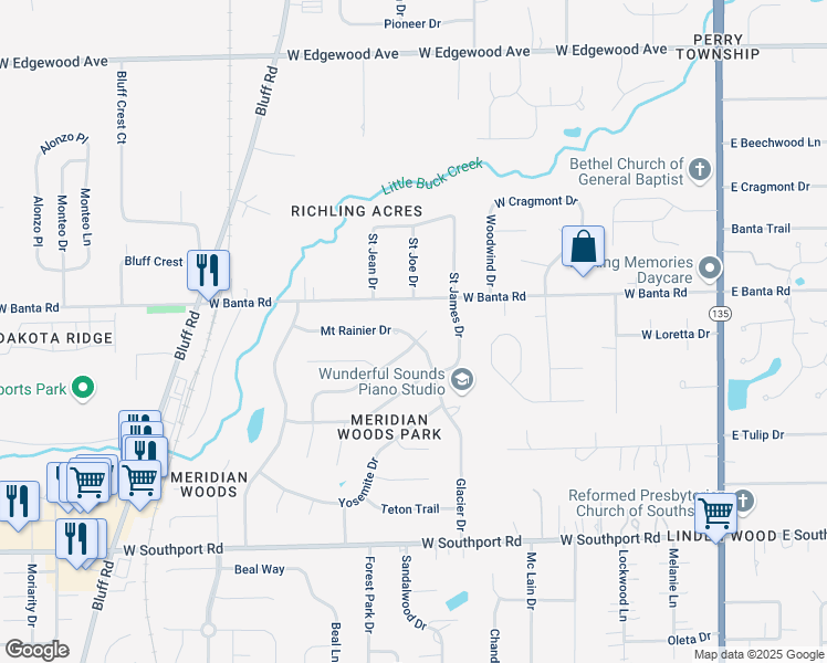 map of restaurants, bars, coffee shops, grocery stores, and more near 610 Mount Rainier Drive in Indianapolis