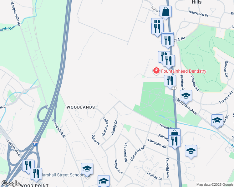 map of restaurants, bars, coffee shops, grocery stores, and more near 1400 Haven Road in Hagerstown