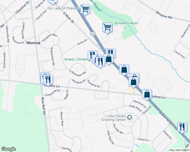 map of restaurants, bars, coffee shops, grocery stores, and more near 418 Stockton Loop in Monroe