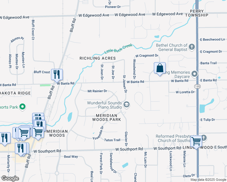 map of restaurants, bars, coffee shops, grocery stores, and more near 610 Mount Rainier Drive in Indianapolis