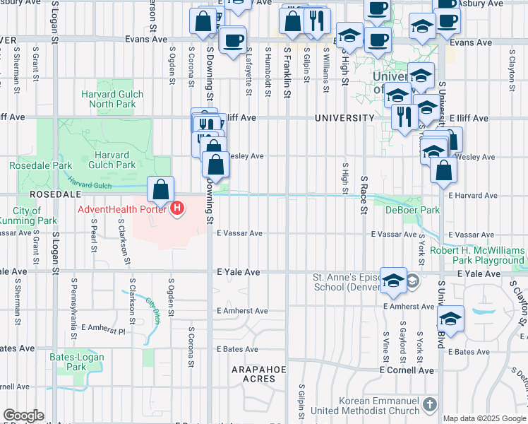 map of restaurants, bars, coffee shops, grocery stores, and more near 2545 South Humboldt Street in Denver