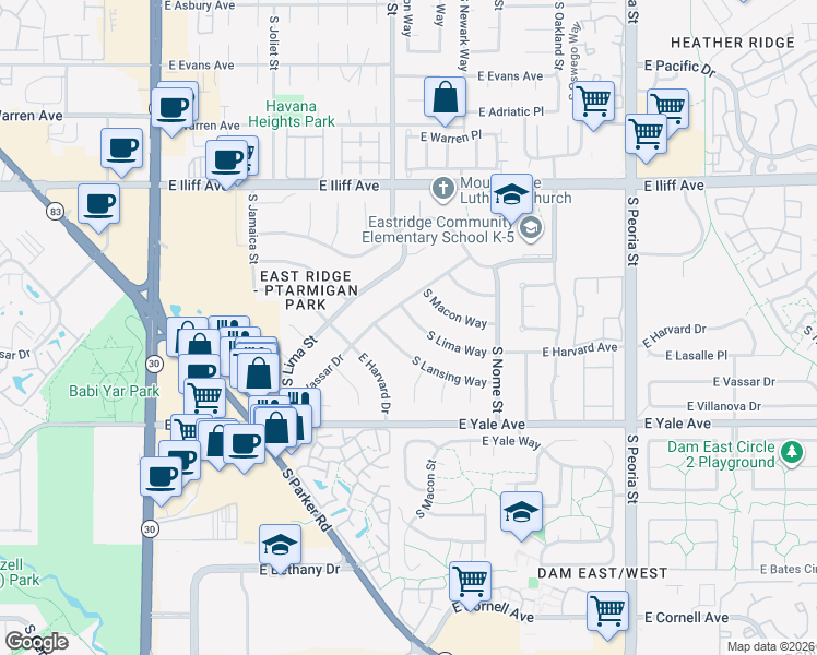 map of restaurants, bars, coffee shops, grocery stores, and more near 2425 South Lima Way in Aurora
