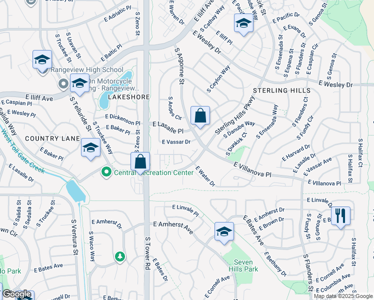 map of restaurants, bars, coffee shops, grocery stores, and more near 18781 East Water Drive in Aurora