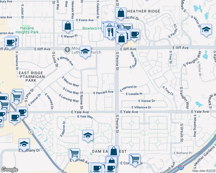 map of restaurants, bars, coffee shops, grocery stores, and more near 11905 East Harvard Avenue in Aurora