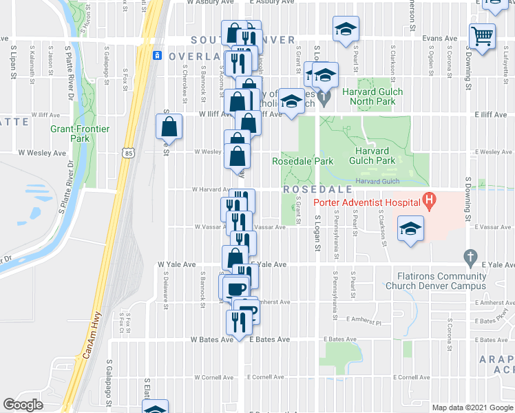 map of restaurants, bars, coffee shops, grocery stores, and more near 2543 South Lincoln Street in Denver