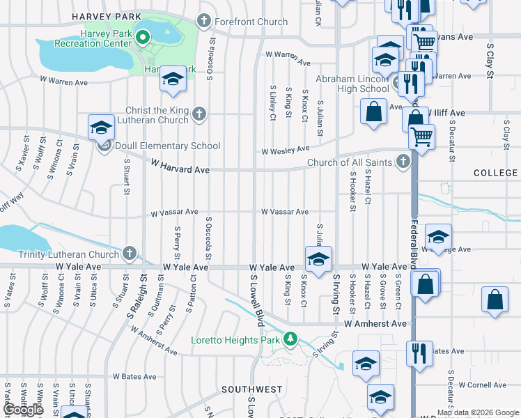 map of restaurants, bars, coffee shops, grocery stores, and more near 2596 South Lowell Boulevard in Denver