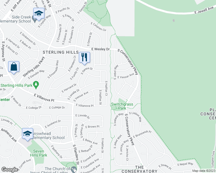 map of restaurants, bars, coffee shops, grocery stores, and more near 2588 South Halifax Court in Aurora