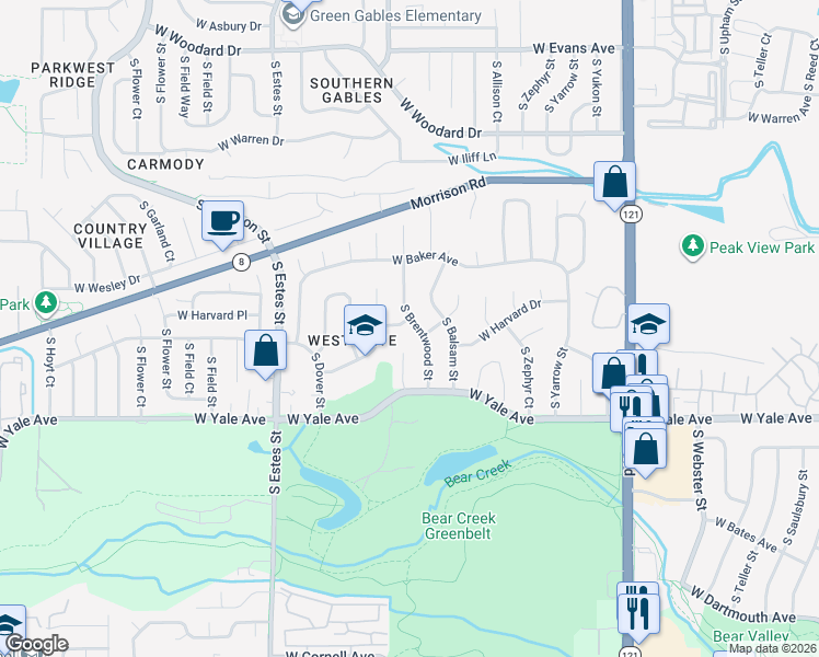 map of restaurants, bars, coffee shops, grocery stores, and more near 8320 West Harvard Drive in Lakewood