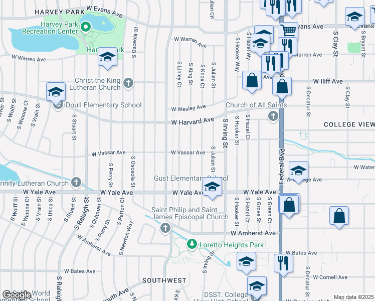 map of restaurants, bars, coffee shops, grocery stores, and more near 2595 South King Street in Denver