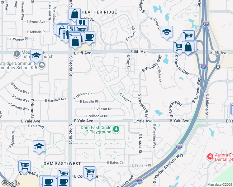 map of restaurants, bars, coffee shops, grocery stores, and more near 12675 E Harvard Cir in Aurora