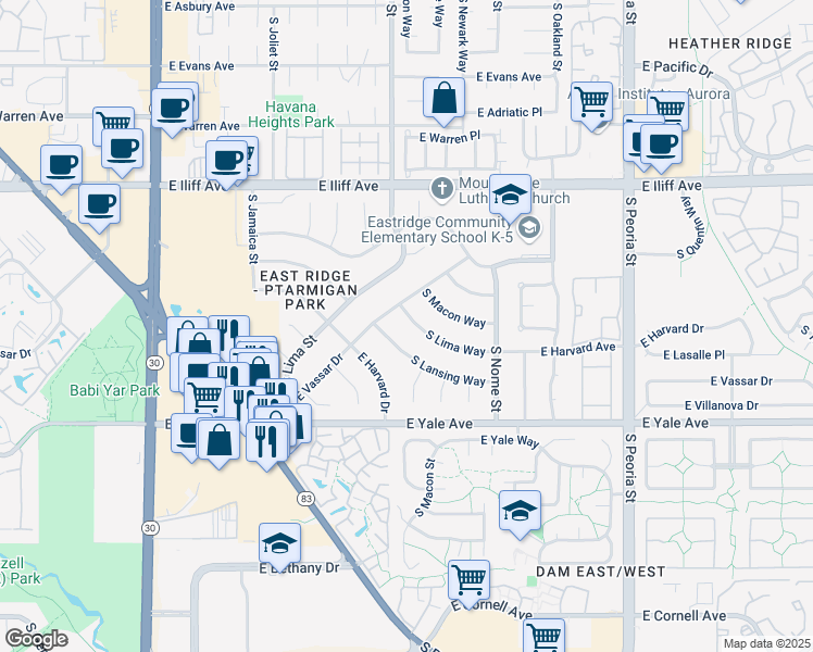 map of restaurants, bars, coffee shops, grocery stores, and more near 2423 South Lima Way in Aurora