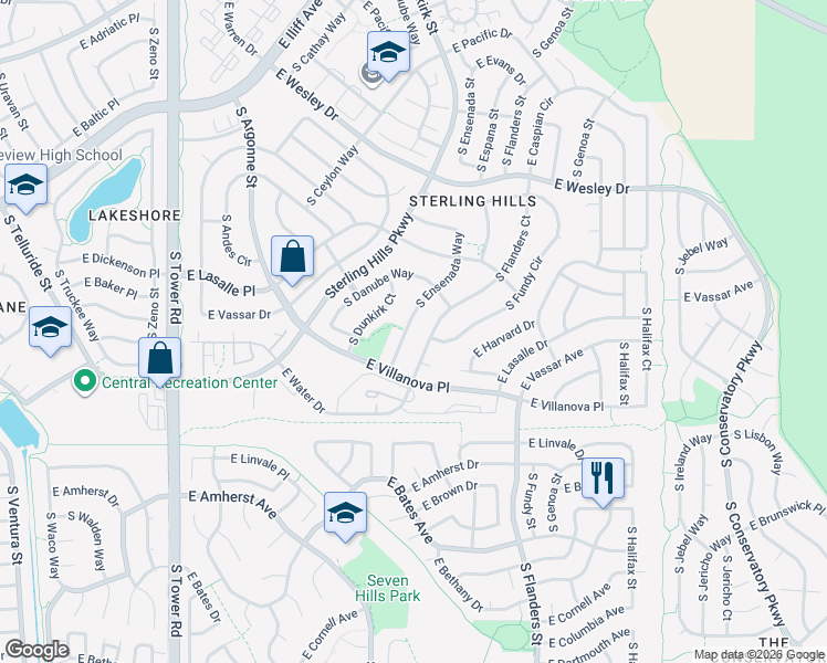 map of restaurants, bars, coffee shops, grocery stores, and more near 2612 South Ensenada Way in Aurora