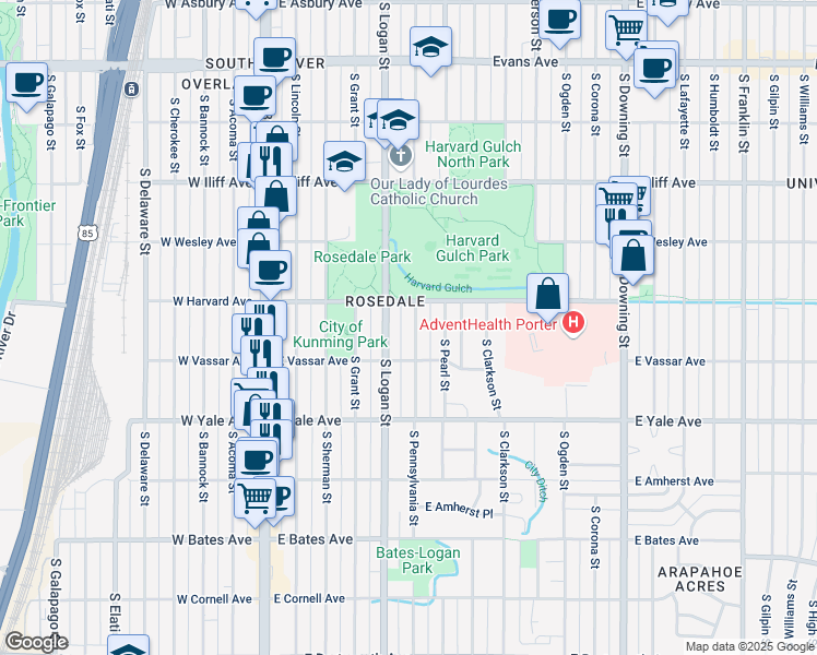 map of restaurants, bars, coffee shops, grocery stores, and more near 2545 South Pennsylvania Street in Denver