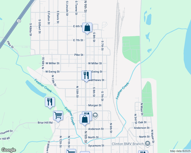map of restaurants, bars, coffee shops, grocery stores, and more near 1005 North 8th Street in Clinton