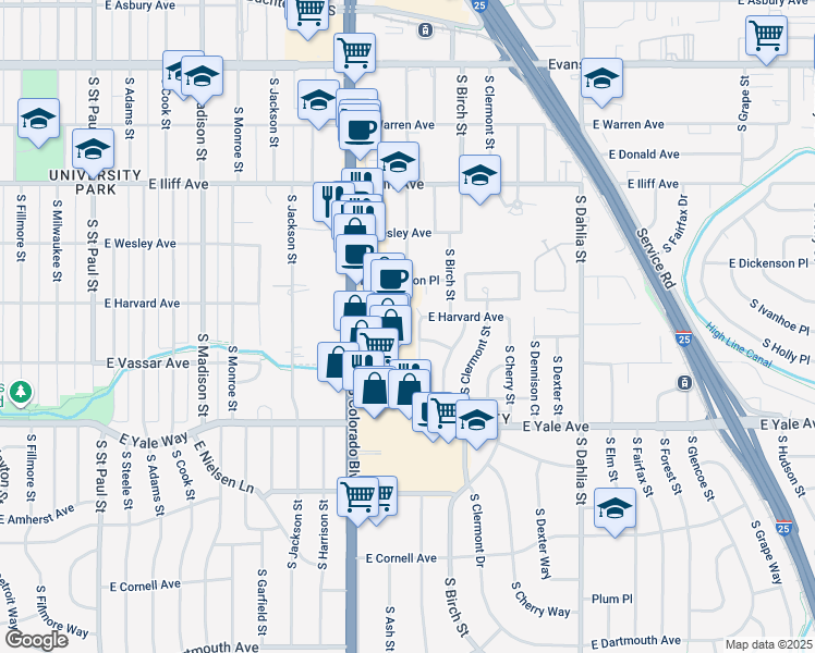 map of restaurants, bars, coffee shops, grocery stores, and more near 2505 South Bellaire Street in Denver
