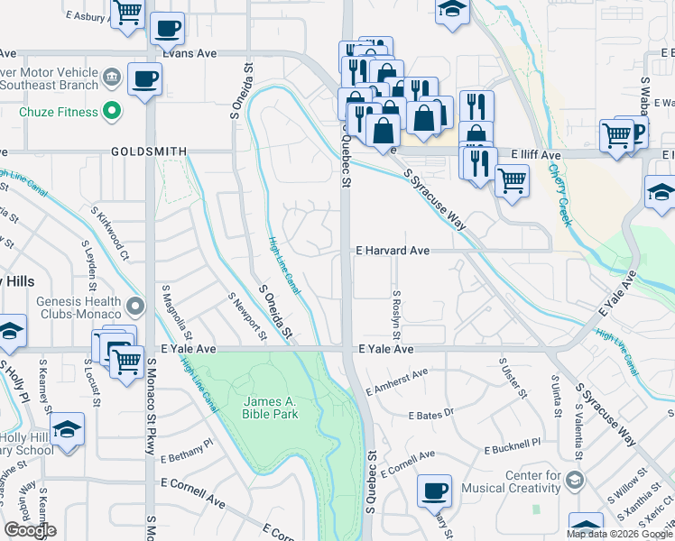 map of restaurants, bars, coffee shops, grocery stores, and more near in Denver County