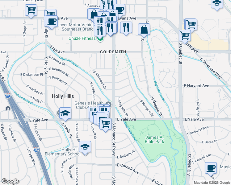 map of restaurants, bars, coffee shops, grocery stores, and more near 2501 South Monaco Parkway in Denver