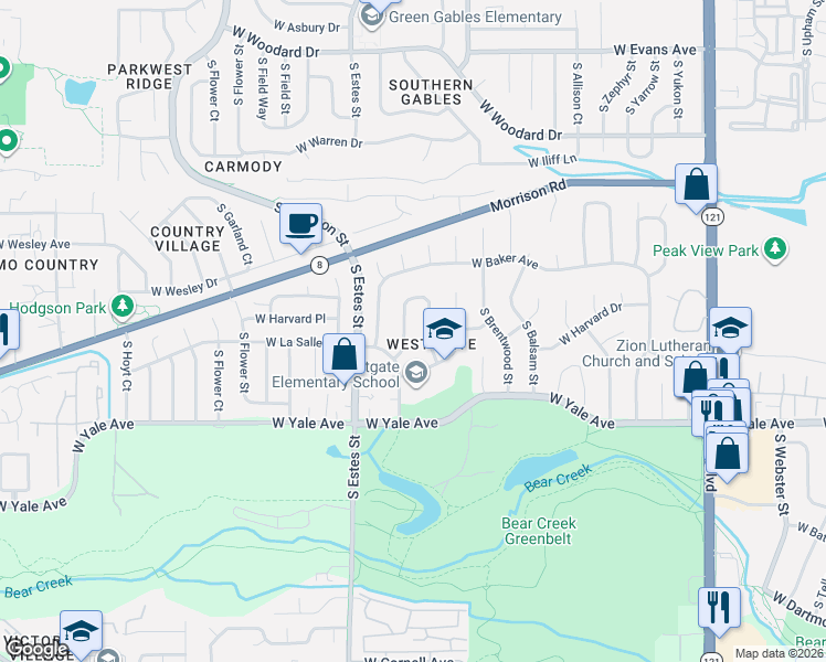 map of restaurants, bars, coffee shops, grocery stores, and more near 2548 South Dover Way in Lakewood