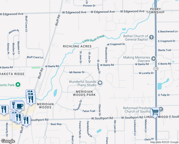 map of restaurants, bars, coffee shops, grocery stores, and more near 610 Mount Rainier Drive in Indianapolis
