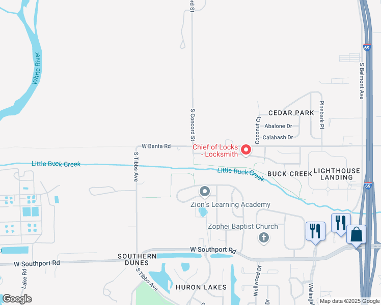 map of restaurants, bars, coffee shops, grocery stores, and more near 6518 Redland Way in Indianapolis