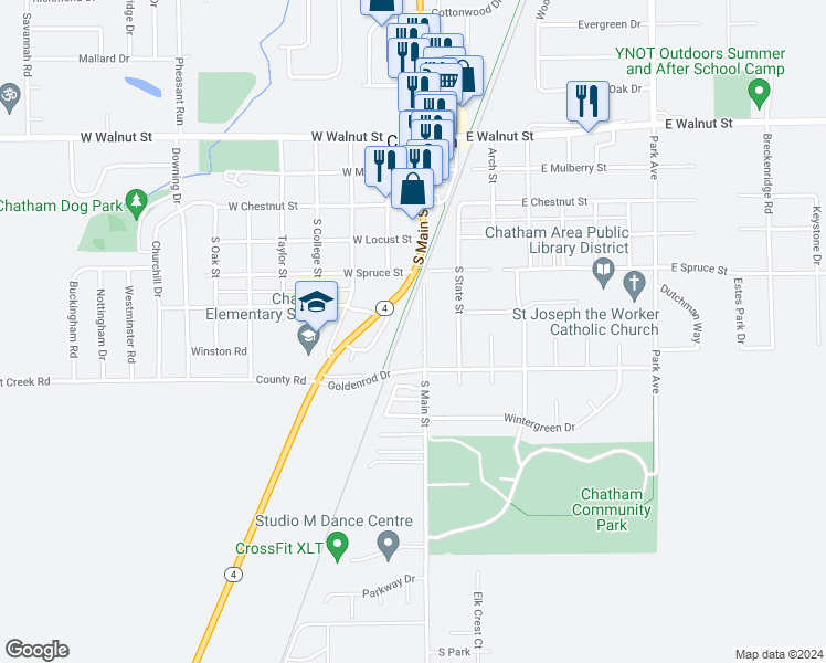map of restaurants, bars, coffee shops, grocery stores, and more near 401 South Main Street in Chatham