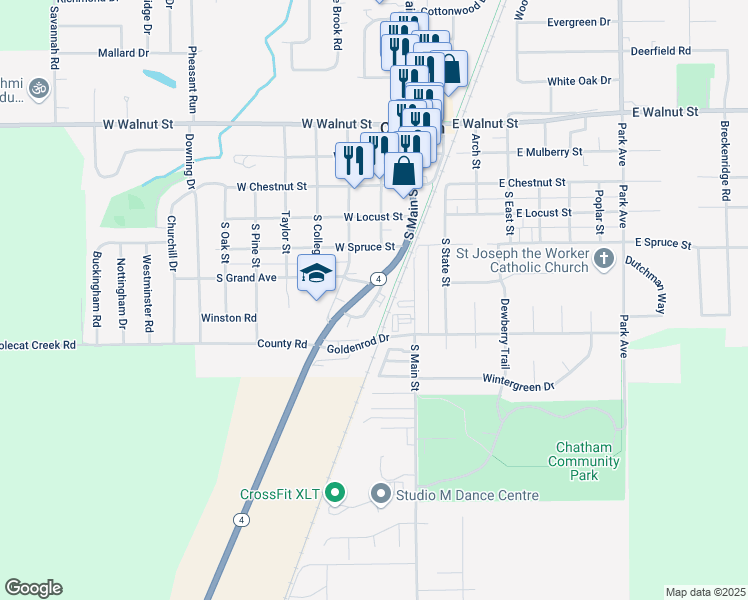 map of restaurants, bars, coffee shops, grocery stores, and more near 1 Circle Drive in Chatham