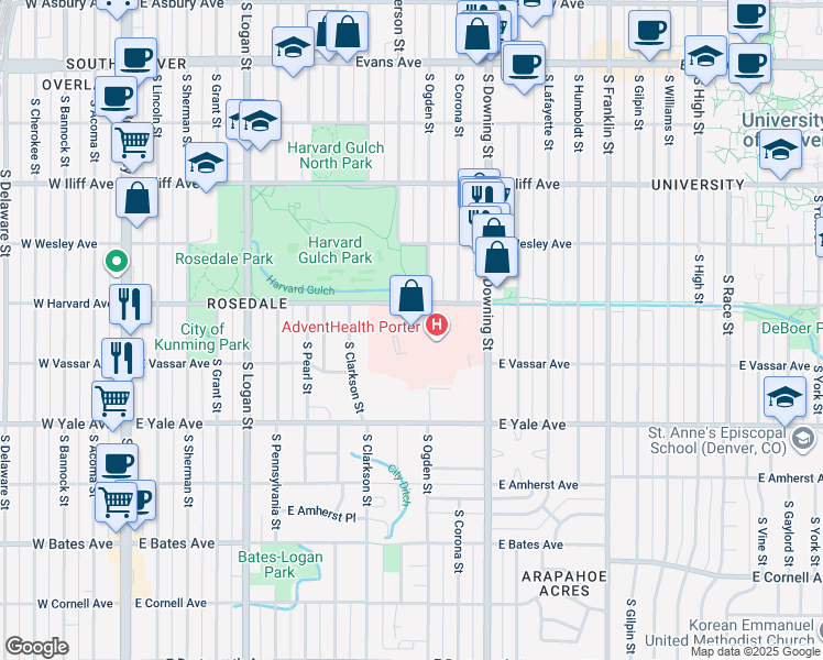 map of restaurants, bars, coffee shops, grocery stores, and more near 950 East Harvard Avenue in Denver