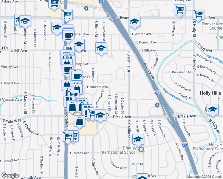 map of restaurants, bars, coffee shops, grocery stores, and more near 2510 South Cherry Street in Denver