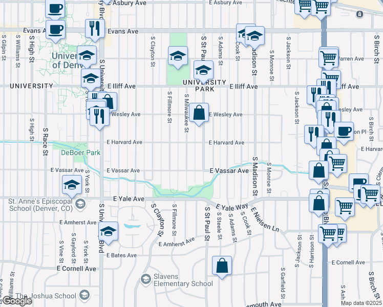 map of restaurants, bars, coffee shops, grocery stores, and more near 2536 South Milwaukee Street in Denver