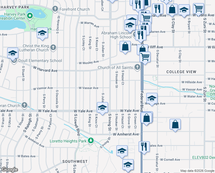 map of restaurants, bars, coffee shops, grocery stores, and more near 2595 South Irving Street in Denver